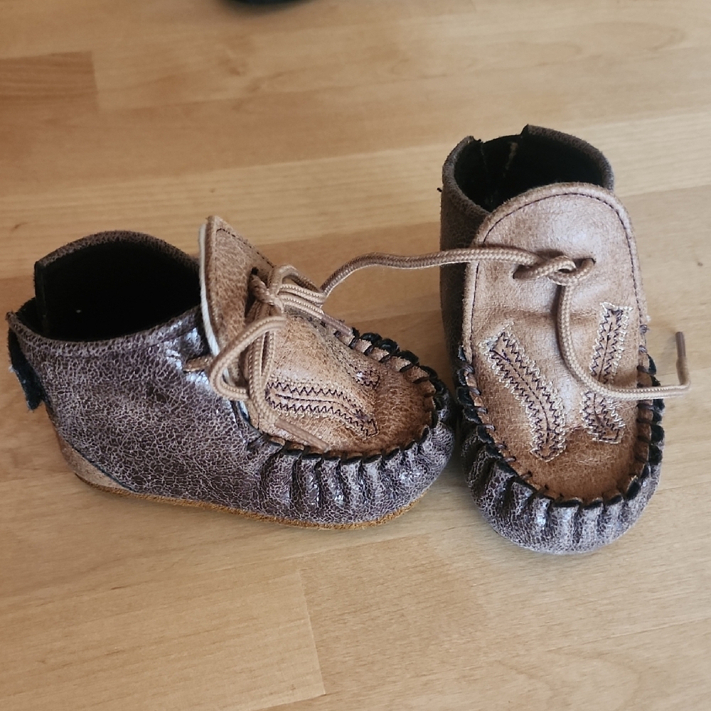 Brown and Gray Kids Moccasin Shoes